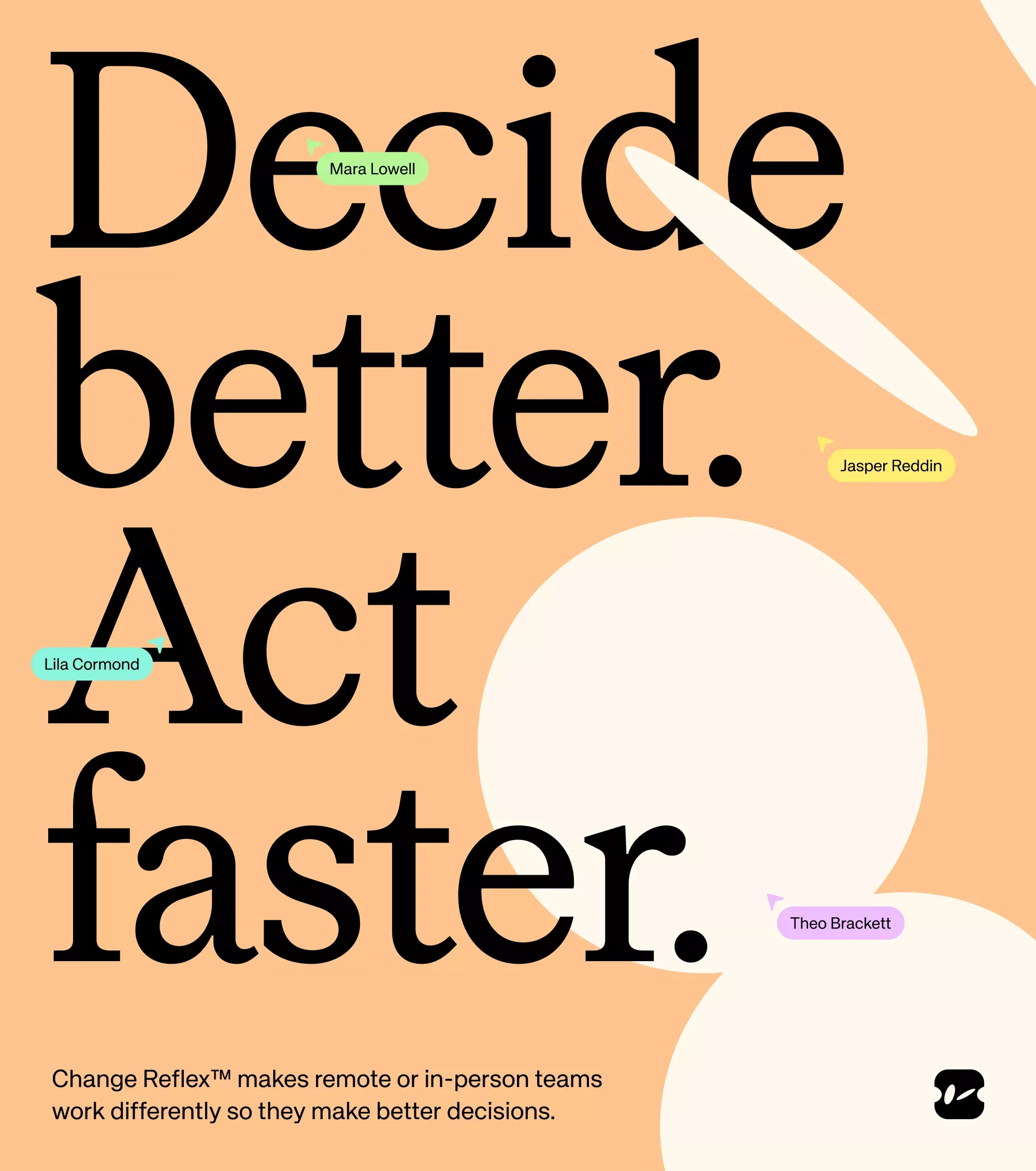 This design utilizes a strong minimalist aesthetic characterized by high contrast between black text and a warm peach background. The visual language is clean, modern, and highly readable, employing bold typography and soft geometric shapes to create hierarchy. The overall feel is professional, confident, and approachable.