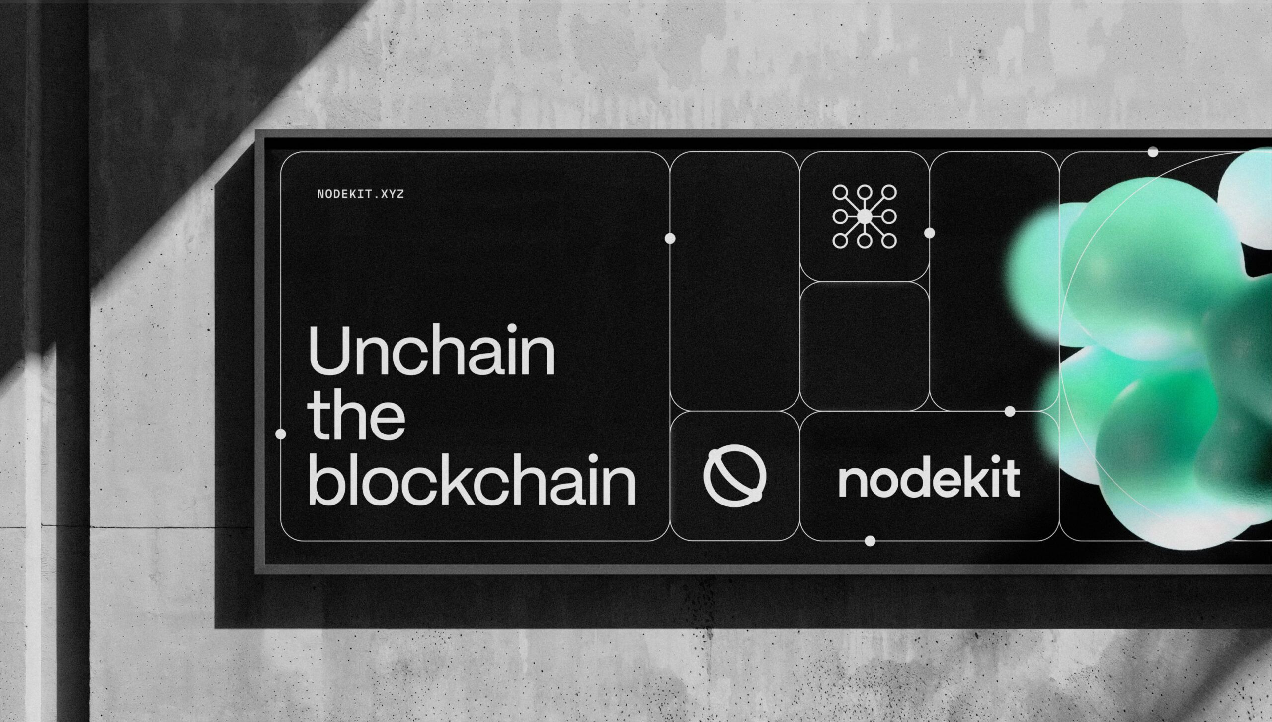 The image presents a clean, dark-themed interface design, likely for a software or blockchain product. It utilizes a minimalist aesthetic with high contrast between the dark background and bright, glowing accents, suggesting technological sophistication and clarity.