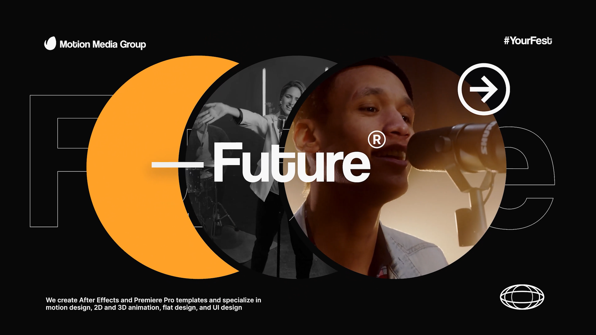 The design is modern and professional, utilizing a strong contrast between warm orange/yellow tones and deep black backgrounds. It employs circular and curved shapes to create dynamic visual elements, suggesting forward-thinking and creative services.