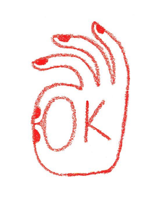 This is a simple, expressive line art illustration depicting a hand gesture or an 'OK' sign rendered with thick, slightly imperfect red lines. The visual language is organic and spontaneous, emphasizing texture and the directness of hand-drawn execution.