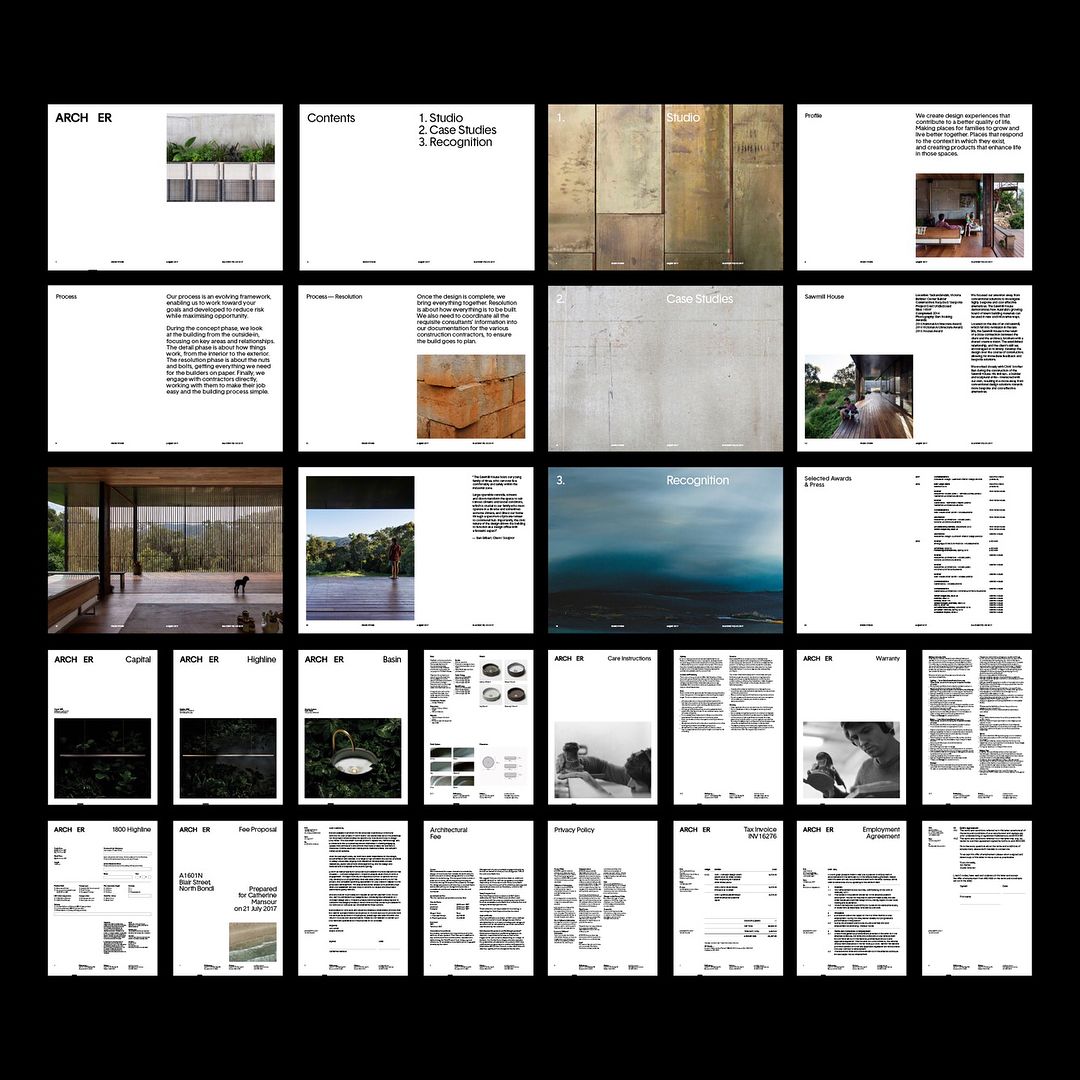 A comprehensive design system or brand guidelines document displayed as a grid of pages, showcasing a minimalist aesthetic with extensive use of white space, typography hierarchy, and curated imagery. The layout demonstrates a cohesive visual language across multiple applications including photography, materials, and editorial design with a focus on architectural and environmental themes.