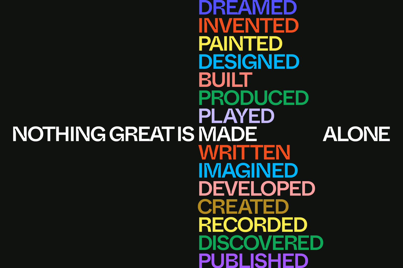 This design utilizes a stark, high-contrast layout featuring a vertical list of achievement-based words arranged around a central cross motif. The visual language is clean and typographic, relying heavily on color variation to segment the list while maintaining a unified structure.