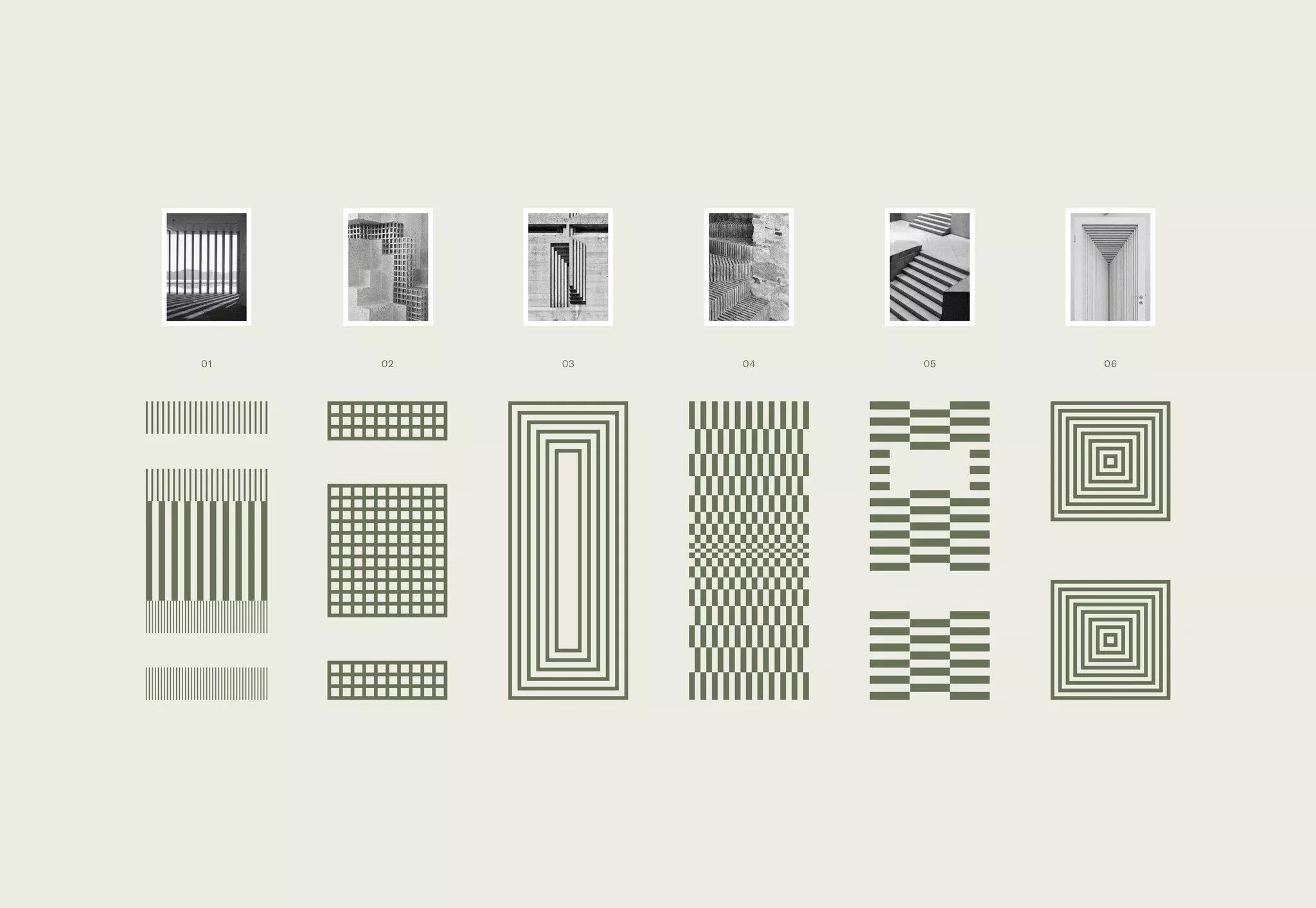 This visual presentation showcases a collection of abstract and geometric patterns, likely derived from architectural studies or texture design. The design employs a strict monochromatic palette and precise line work to create a clean, analytical, and highly structured aesthetic.