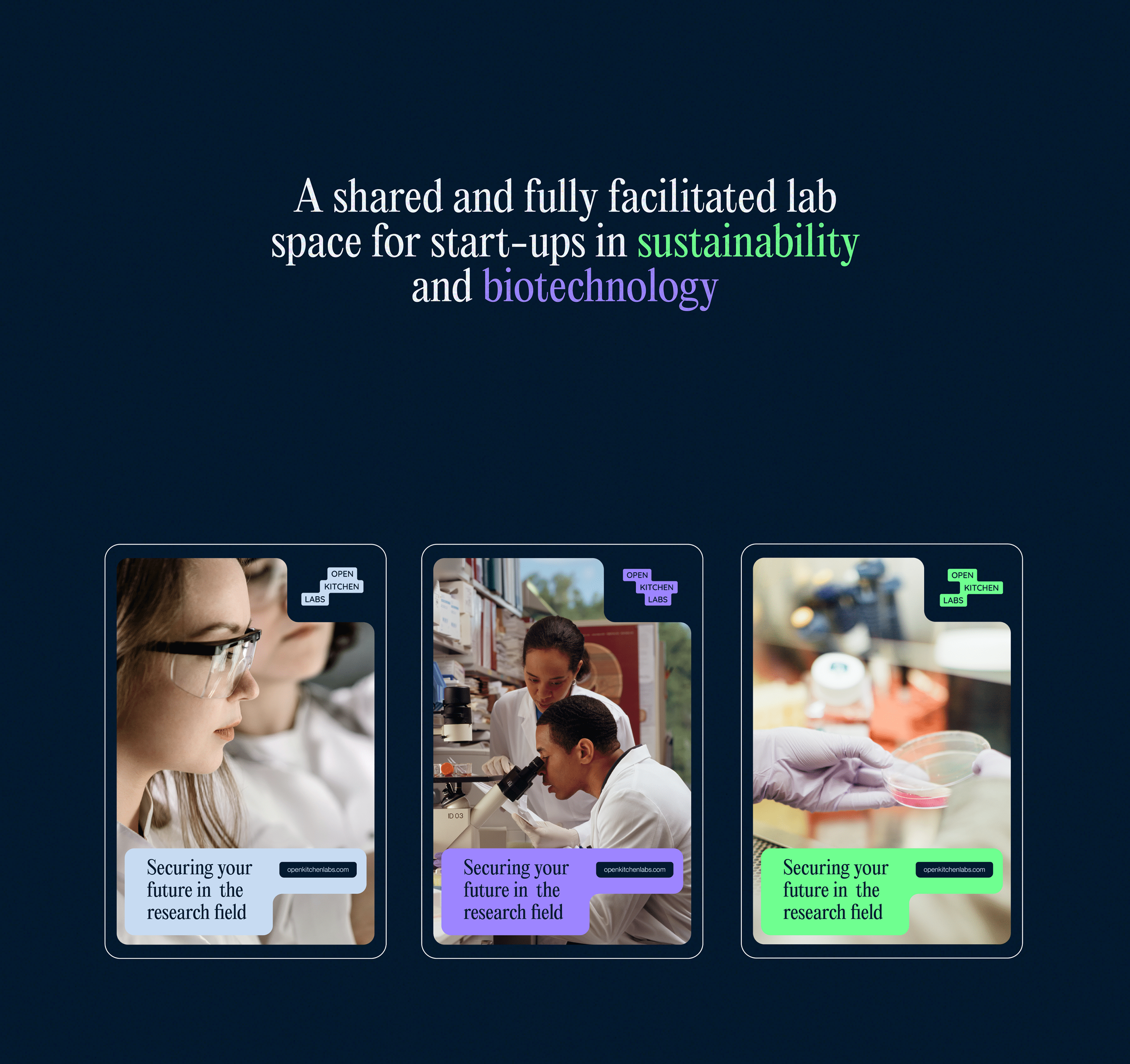 This design utilizes a dark, moody color palette to convey professionalism and seriousness. The visual language is clean and modern, pairing clear typography with engaging photographic elements to promote collaboration in scientific research.