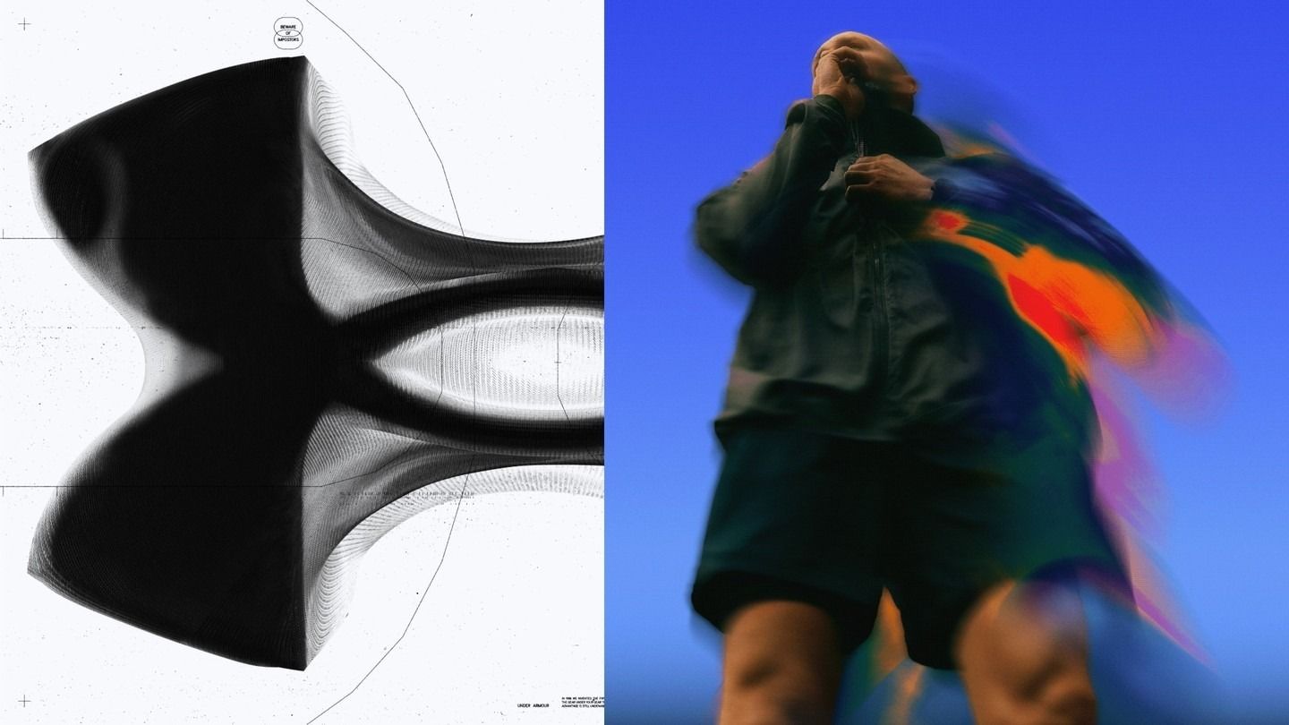 This image presents a striking visual dialogue between abstract, precise graphic design and dynamic, blurred human movement. The juxtaposition highlights the tension between static form and intense kinetic energy, utilizing sharp lines against soft motion.