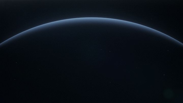 This image depicts a vast, curved planetary surface against a dark void, suggesting a view from space or an atmospheric perspective. The design relies on subtle gradients and the contrast between the illuminated edge of the planet and the deep blackness surrounding it to create a sense of scale and mystery.
