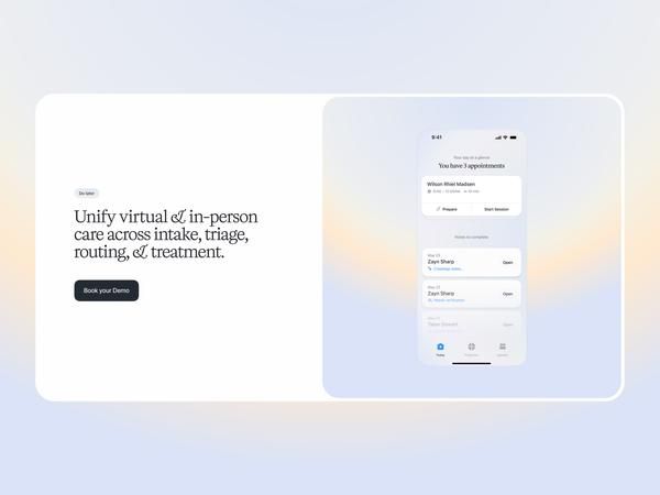 The image displays a clean, modern user interface design for booking appointments, characterized by ample white space and subtle gradients. The visual language is minimalist and professional, focusing on clear calls to action against a soft, light background.