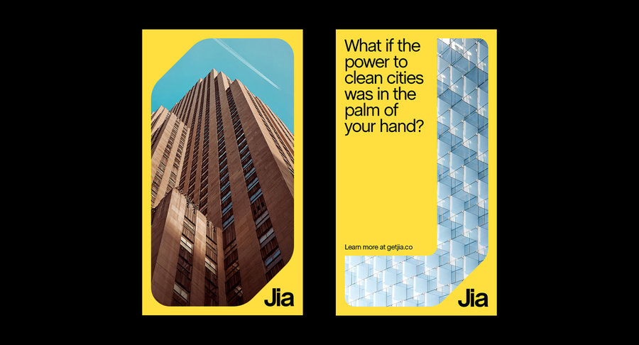 The image is a split graphic featuring two distinct visual elements, one photographic and one abstract/typographic, set against a bright yellow background. The design uses strong geometric forms and high contrast to convey a sense of modern, civic-minded innovation.