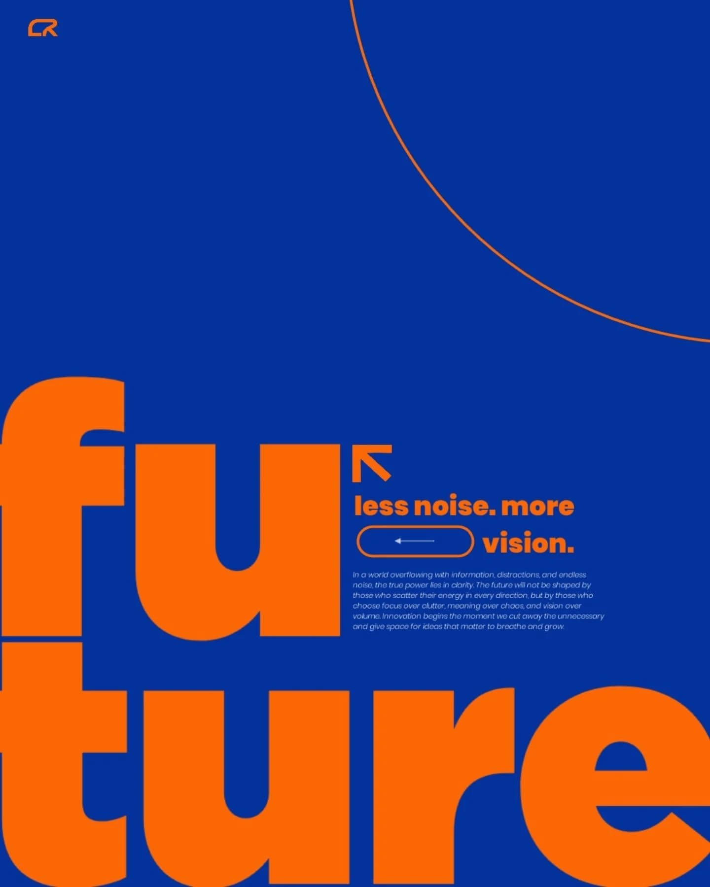 The design is bold and minimalist, utilizing a strong block of deep blue contrasted by vibrant orange typography. The composition is clean, relying on negative space and a sweeping arc to draw the eye toward the word 'future'.