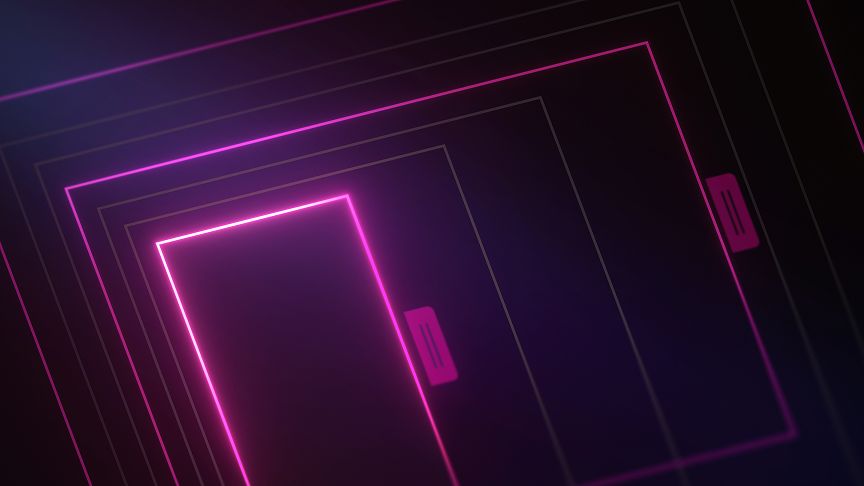 This image showcases a sleek, futuristic design utilizing neon glow effects and geometric lines against a dark backdrop. The visual language is modern and intense, employing layered borders and gradients to create a strong sense of depth and digital interface.