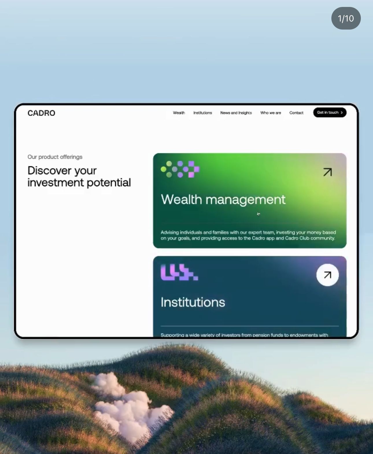 This design features a clean, professional corporate aesthetic utilizing soft gradients and clear color blocking to present specialized services. The visual language is modern and trustworthy, relying on ample negative space and distinct sections to guide the user through investment options.