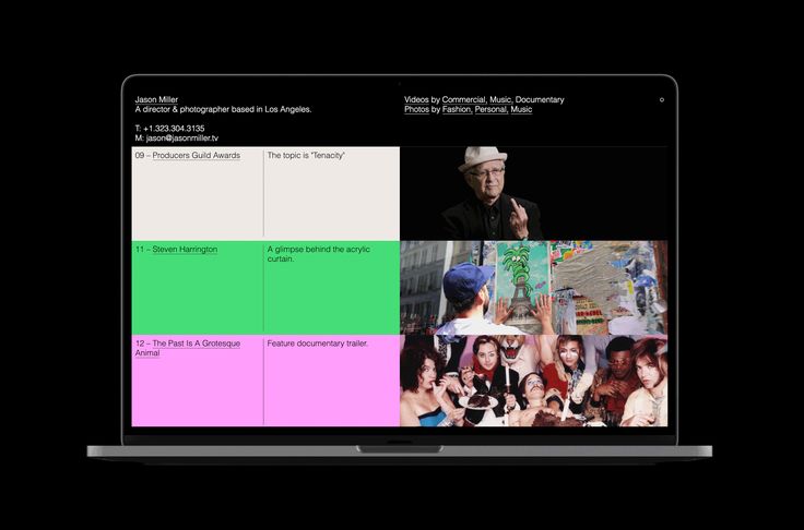The image presents a clean, minimalist interface design, likely from a digital portfolio or database, characterized by a grid-based layout and high contrast between white/light backgrounds and dark text. The visual language is functional and organized, prioritizing information hierarchy through clear segmentation.
