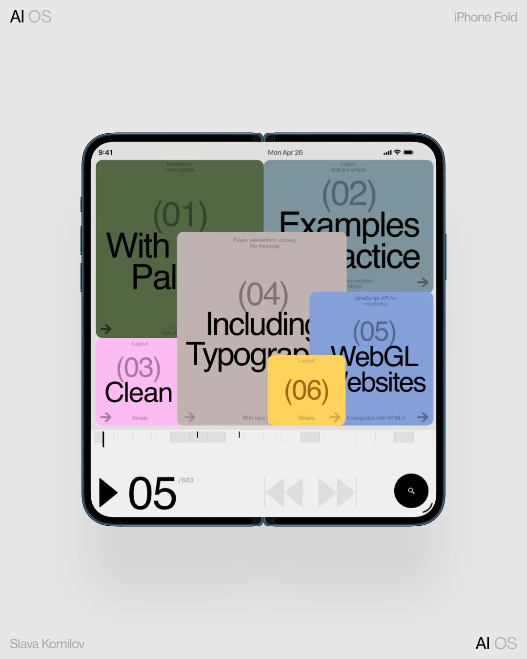 A modern iOS interface design showcasing a folding phone mockup with a colorful, modular card-based layout. The design demonstrates a contemporary digital product interface with numbered sections, clean typography, and a vibrant color-blocking approach that emphasizes content organization and visual hierarchy.