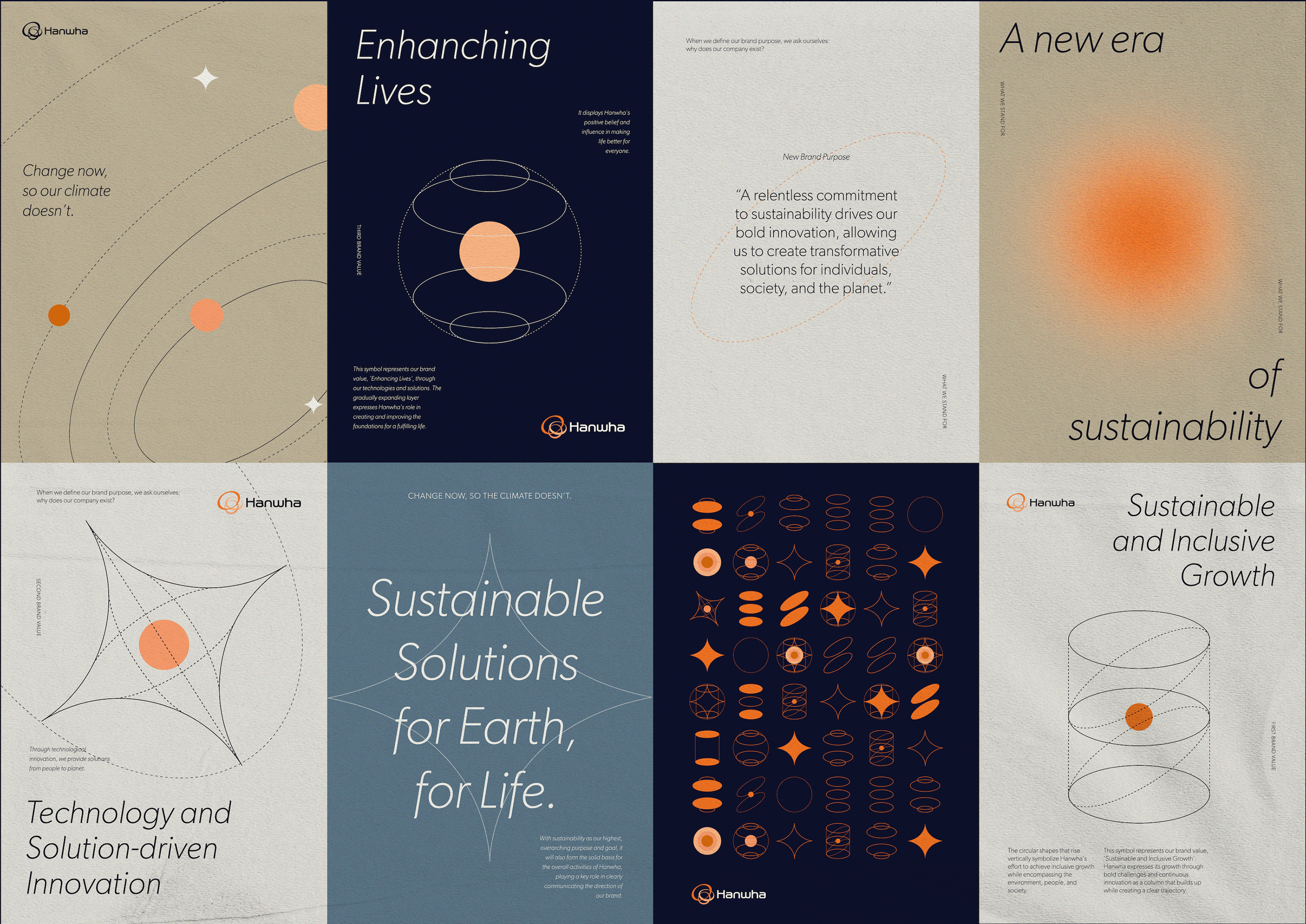 The image presents a cohesive, minimalist grid of promotional or informational layouts characterized by muted earth tones and clean typography. The design emphasizes sophistication, sustainability, and innovation through subtle gradients and strong geometric elements.