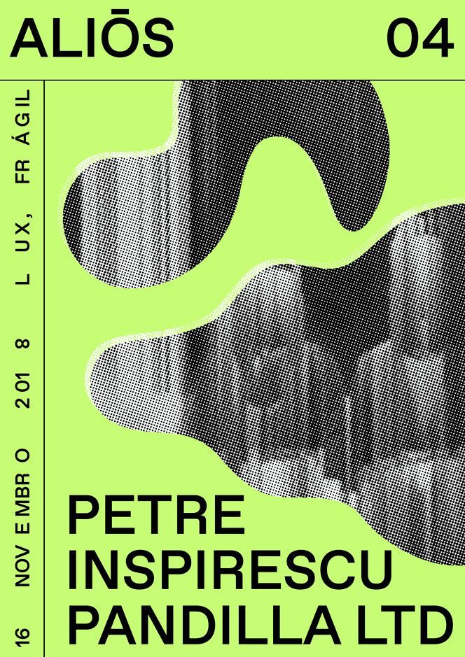A contemporary design poster featuring bold typography and organic, flowing shapes that create visual interest through negative space. The high-contrast composition combines vibrant lime green with grayscale photographic imagery, creating a modern and dynamic aesthetic that feels both editorial and experimental.