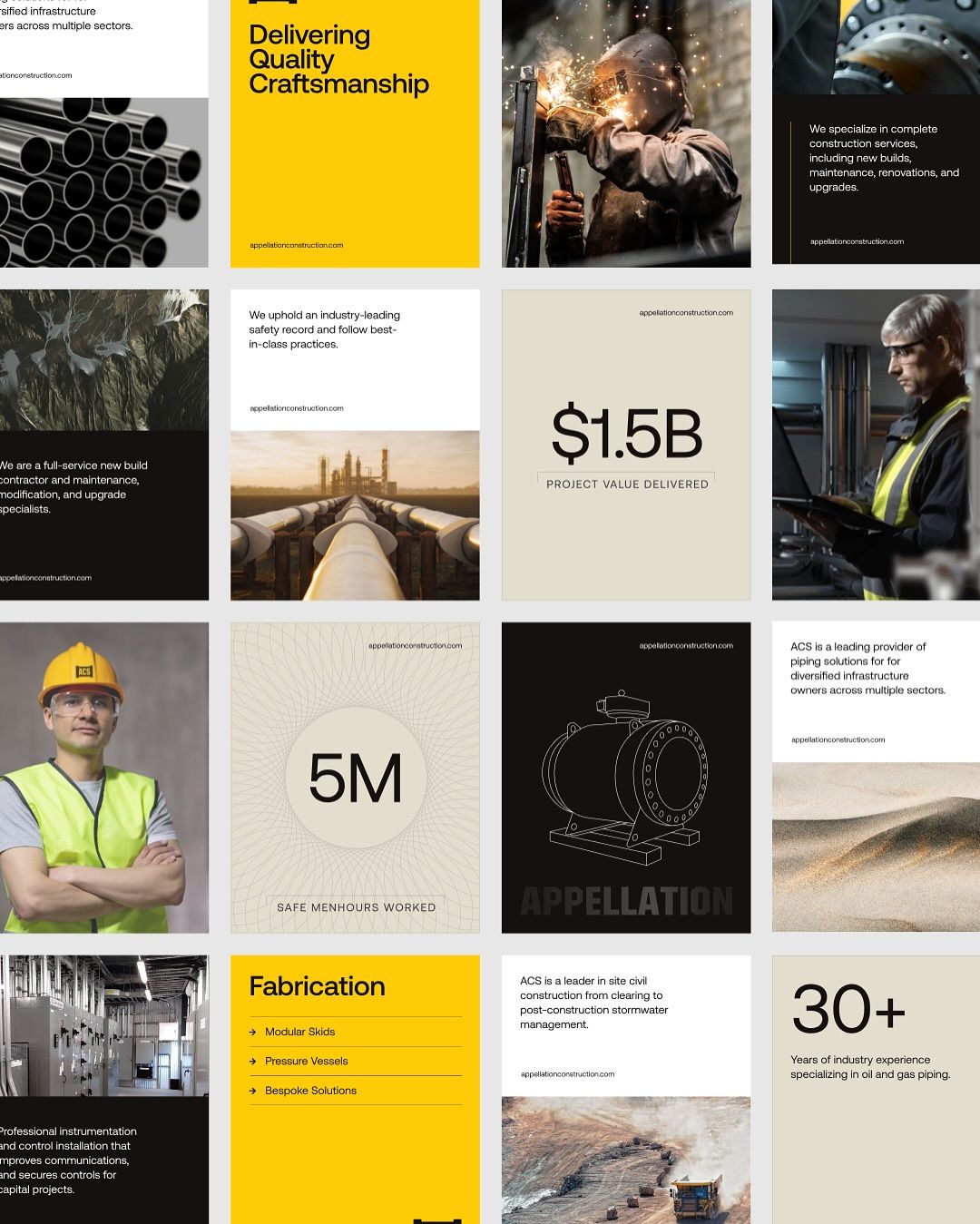 The image is a grid of professional, corporate-style marketing tiles featuring dark, industrial photography juxtaposed with clean, minimalist text overlays. The design relies heavily on high contrast and strong typography to convey expertise and project value.