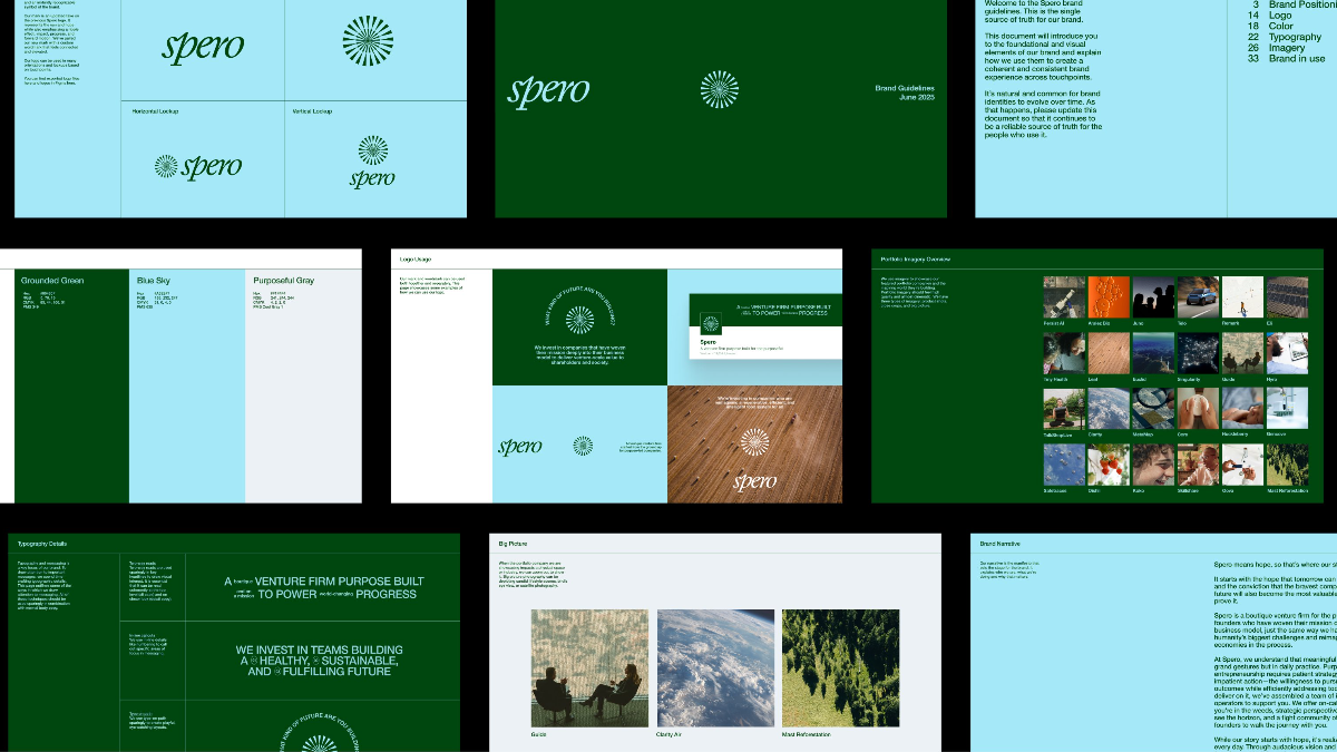 The image displays a series of clean, modern, and corporate-oriented design mockups, likely for branding or presentation slides. The visual language relies heavily on negative space, simple geometric shapes, and a restrained color palette dominated by deep greens and muted blues/teals, conveying professionalism and stability.