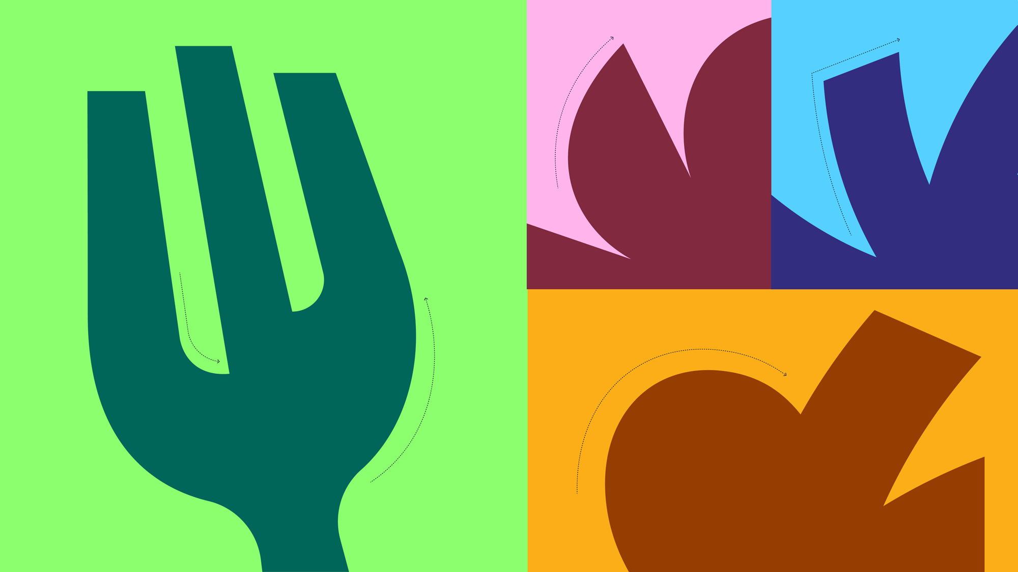 This design utilizes a vibrant, flat graphic style characterized by bold geometric shapes and high-contrast color blocking. The visual language is clean, modern, and playful, relying on simple forms to create dynamic movement and visual interest.