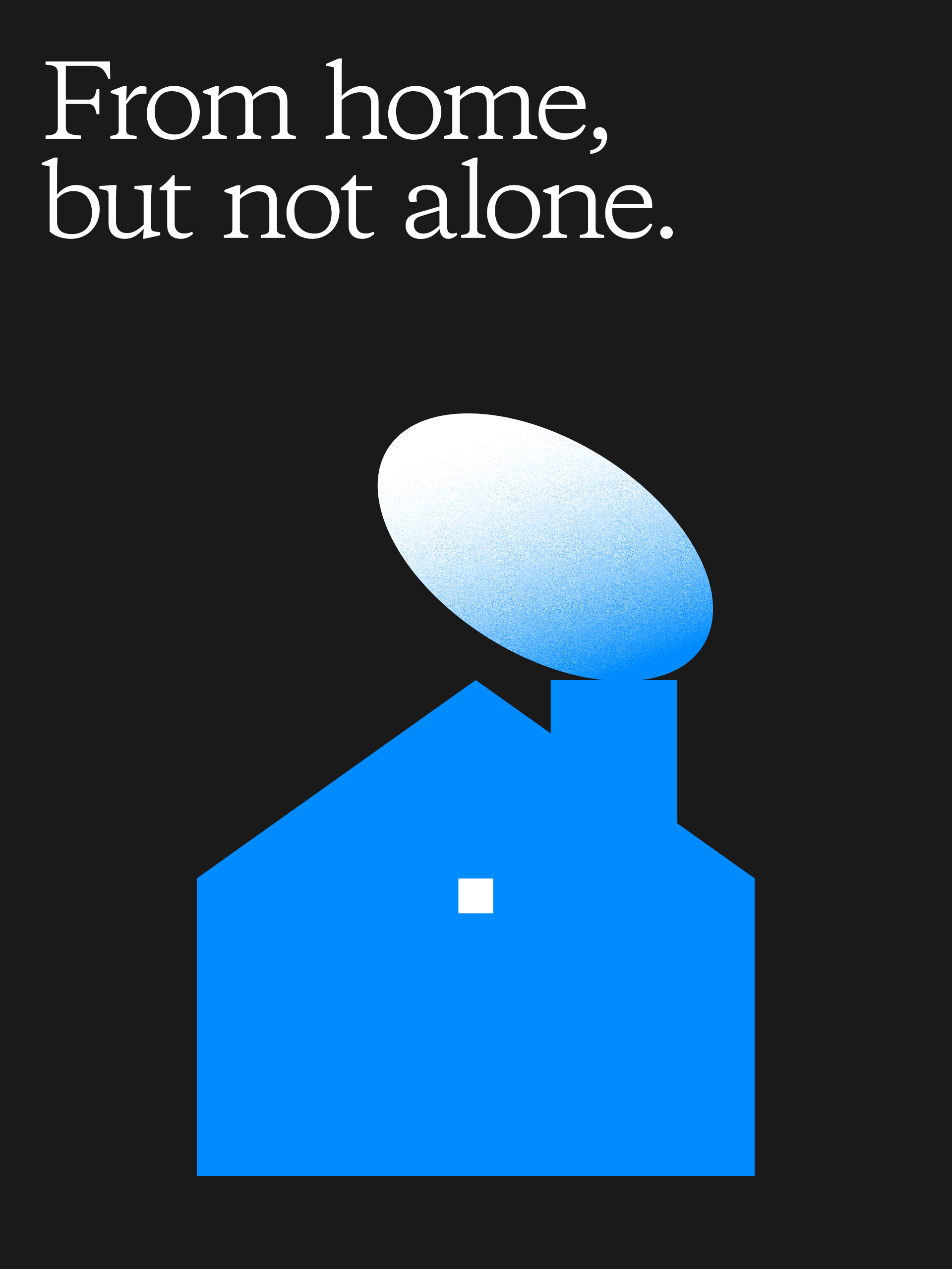 This is a minimalist graphic design featuring a stark contrast between dark background elements and bright, solid blue shapes. The composition is clean and symbolic, using simple geometric forms to convey a feeling of isolation mitigated by presence.