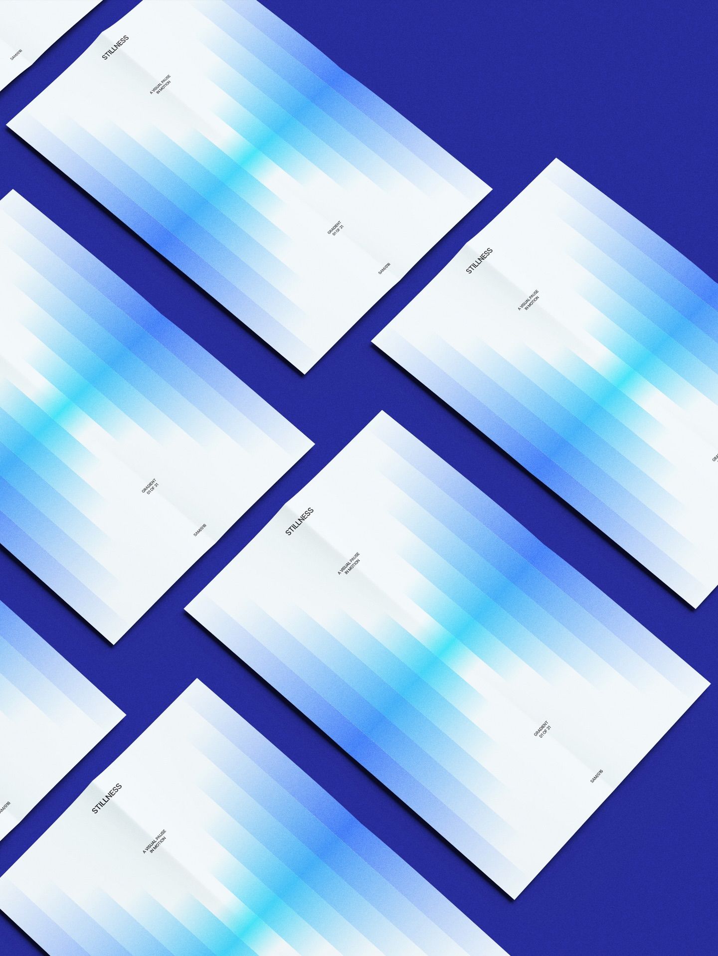 A modern, minimalist mockup featuring multiple tilted white cards with gradient blue overlays arranged diagonally against a deep navy background. The design employs a clean, contemporary aesthetic with strategic use of depth and shadow to create visual interest through geometric composition.