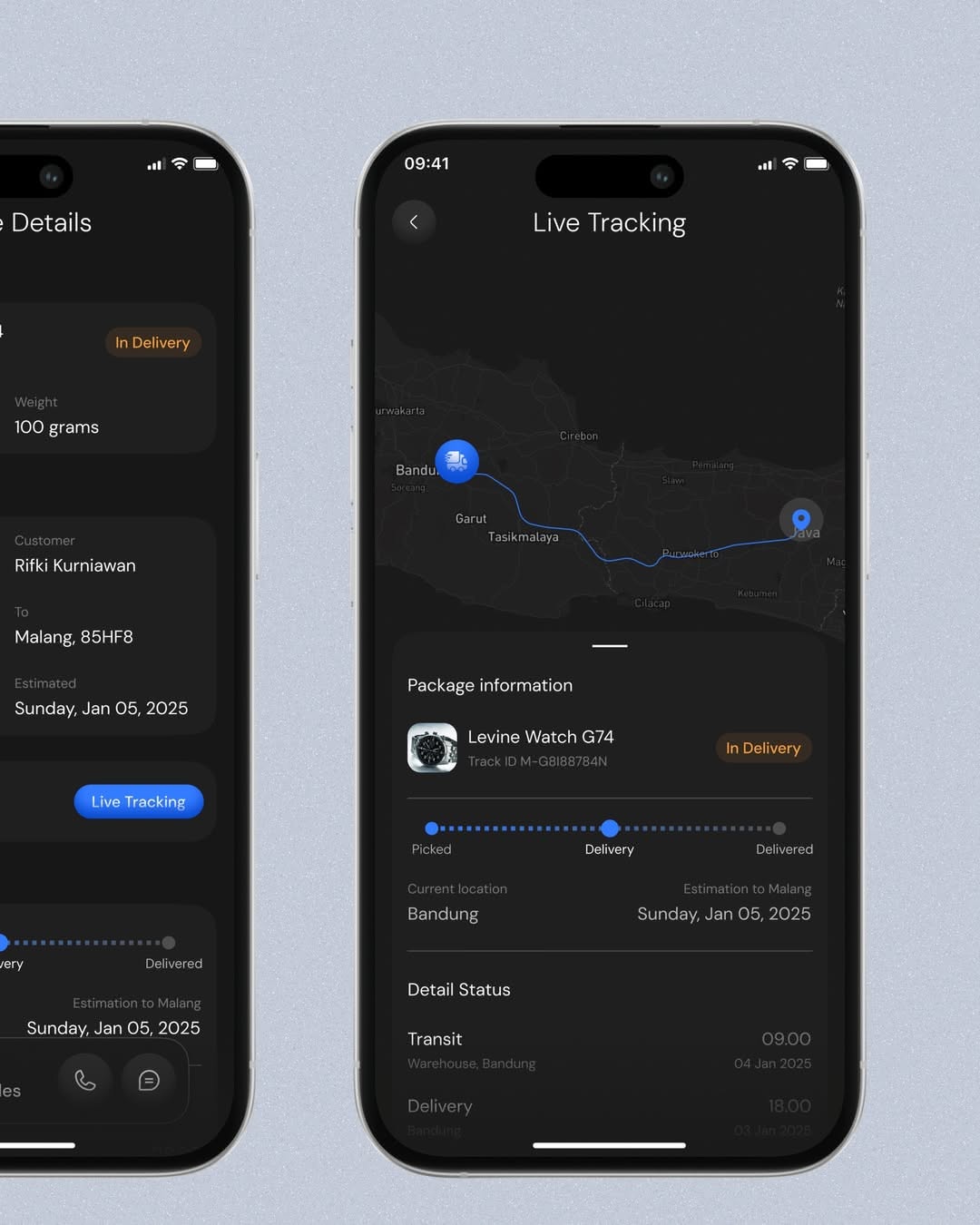 The image displays two mobile application screens, likely for a logistics or delivery service, characterized by a clean, dark mode aesthetic. The design emphasizes clear information hierarchy using ample negative space and subtle gradients to guide the user through tracking details.