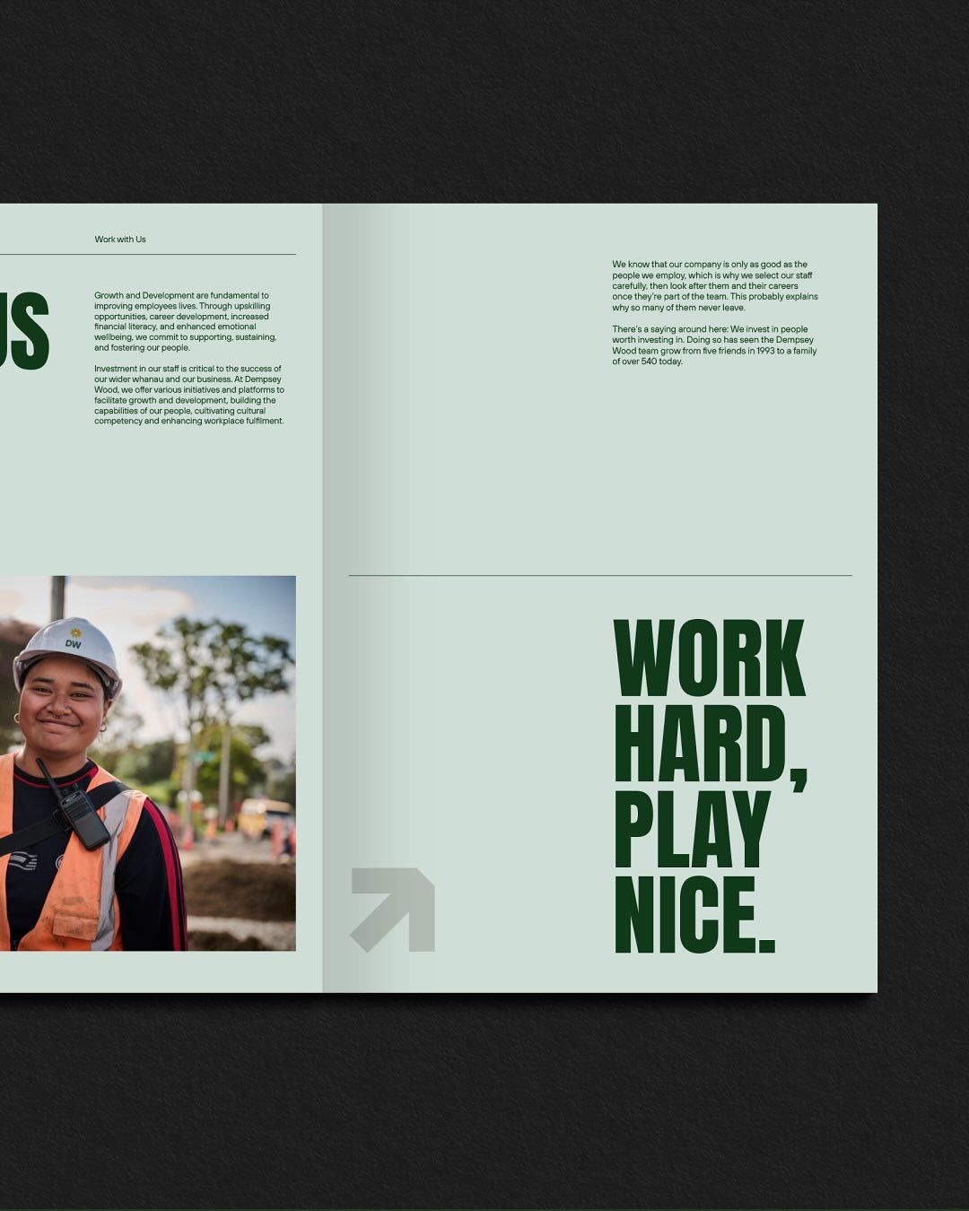 A minimalist, contemporary design layout featuring a clean two-page spread with bold typography and strategic use of whitespace. The design employs a muted color palette with forest green accents and incorporates documentary-style photography, creating a professional yet approachable visual language.