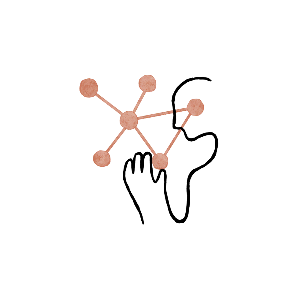The image displays a minimalist, abstract network diagram composed of connected nodes, suggesting concepts like relationships, connections, or data flow. The design is clean and relies purely on geometric arrangement to convey structure.