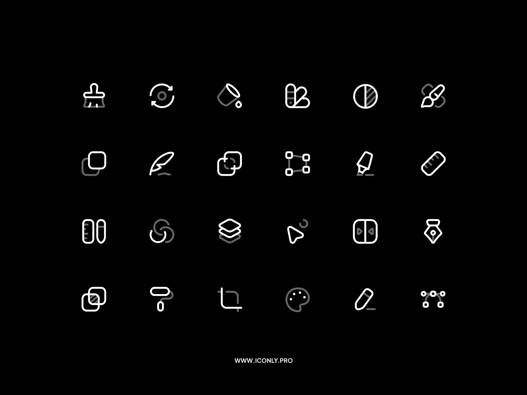 This image displays a set of minimalist, line-art icons rendered in white against a stark black background. The design emphasizes clarity, simplicity, and modern functionality through clean, thin strokes.