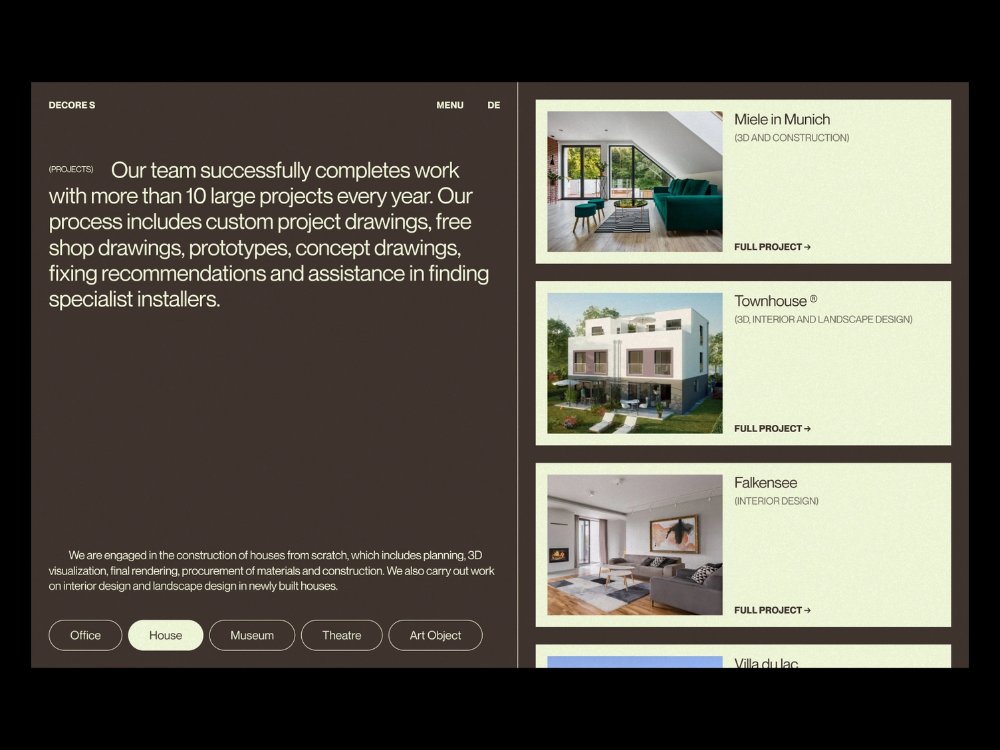 The image presents a clean, professional, and modern corporate website layout with a muted, earthy color palette. The design emphasizes clear textual information and uses ample white space to convey competence and expertise in the construction/design field.