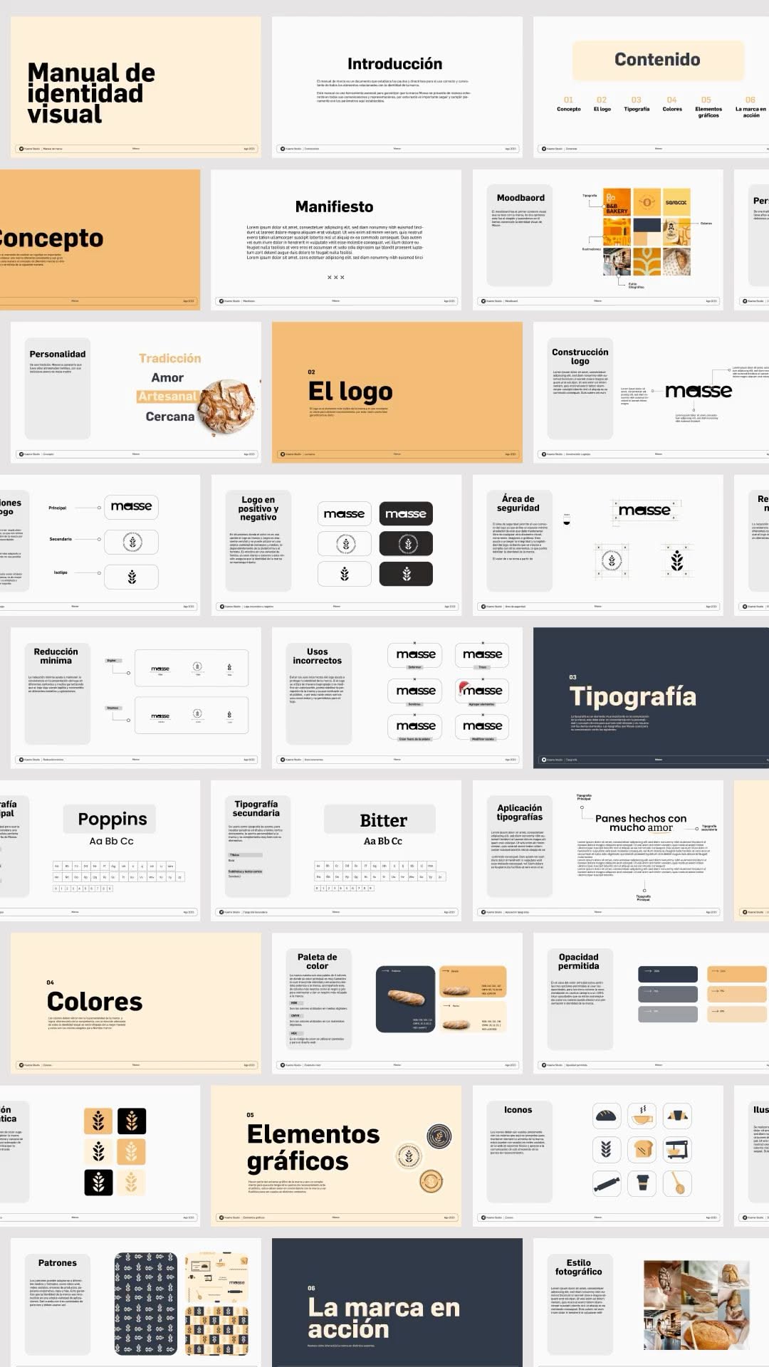 This collection showcases a highly organized and modern design system, utilizing clean lines, ample white space, and modular layouts to present various branding and presentation concepts. The visual language is professional and minimalist, focusing heavily on typography hierarchy and structured information delivery.