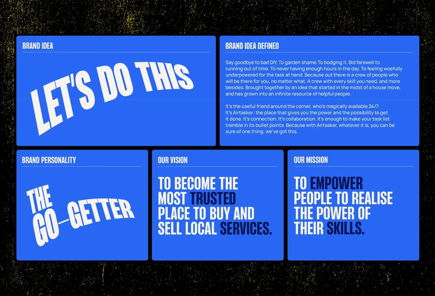 This design uses a bold, high-contrast color palette to present brand concepts and mission statements in a clean, segmented manner. The visual language is modern and assertive, relying on strong geometric blocks and clear typography to convey confidence and professionalism.