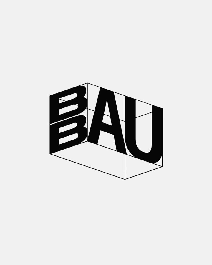 A bold, geometric isometric logo featuring the letters 'BAU' rendered in a three-dimensional block style with strong black and white contrast. The design employs clean lines and architectural perspective to create a modern, constructivist aesthetic with industrial undertones.