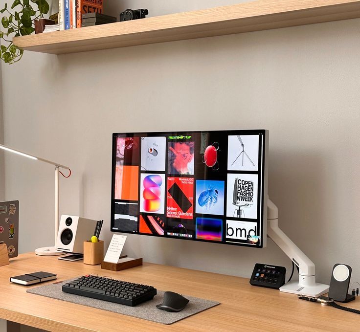 This image showcases a highly organized, modern workspace blending natural wood tones with sleek black technology. The visual language emphasizes clean lines, functional minimalism, and a sophisticated juxtaposition between digital screens and organic elements like the potted plant.