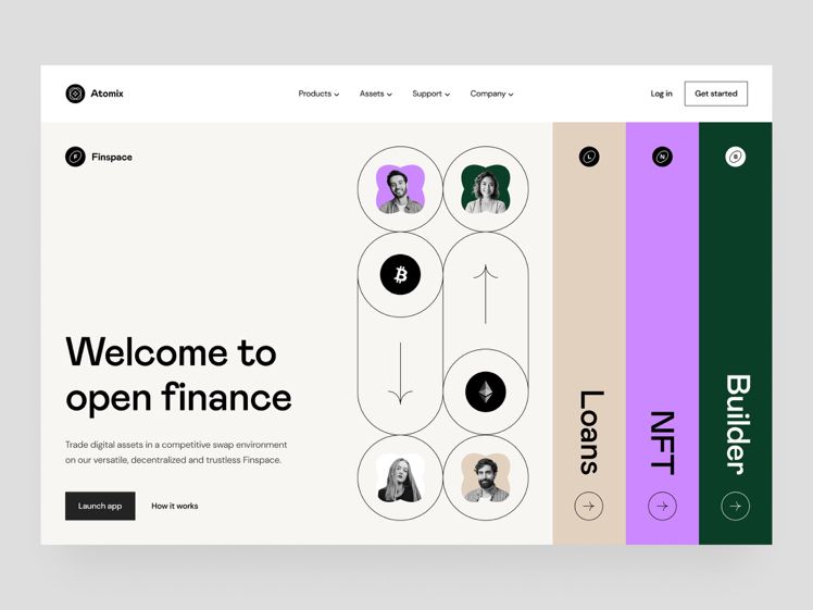 The design presents a clean, modern, and professional interface for a fintech product, utilizing ample white space and a muted, sophisticated color palette. The layout is organized with clear visual groupings around central icons, suggesting trust and ease of use.