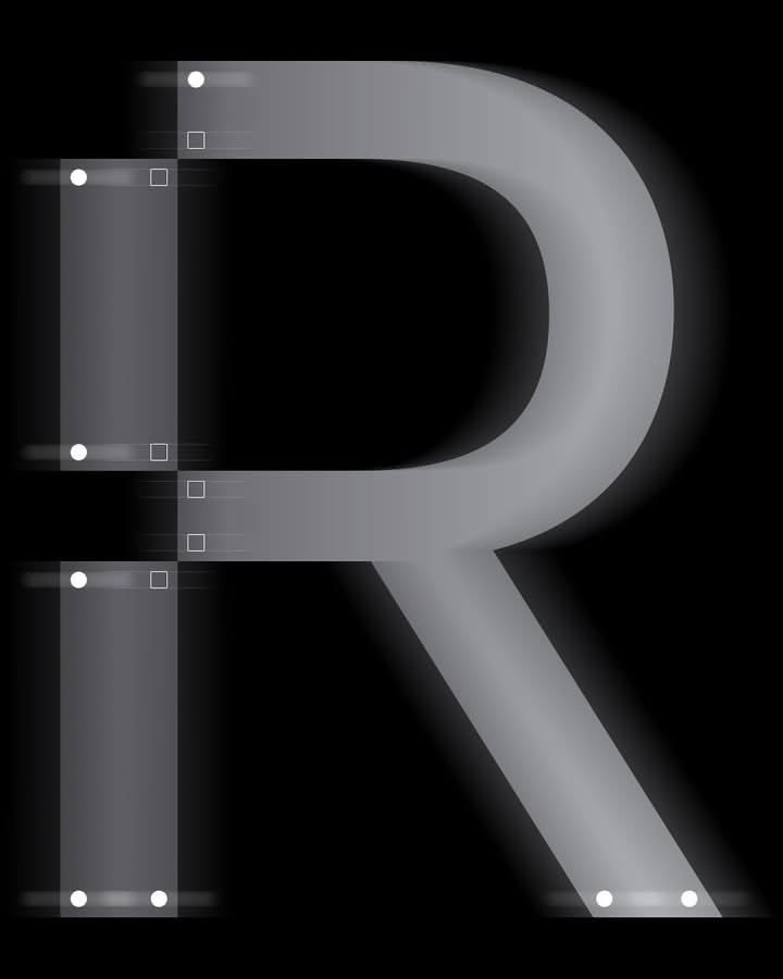 This image presents a stark, minimalist representation of the letter 'R' rendered in a monochromatic, extruded or outlined style. The design emphasizes clean lines, subtle gradients, and highlights that suggest depth or illumination against a deep black background.