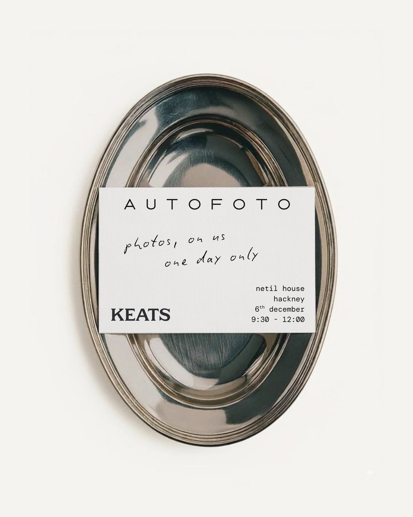 This design features a highly refined, minimalist aesthetic utilizing classic materials like metallic silver to convey elegance. The layout is clean and focused, using precise typography to present an exclusive photography event invitation with clear details.