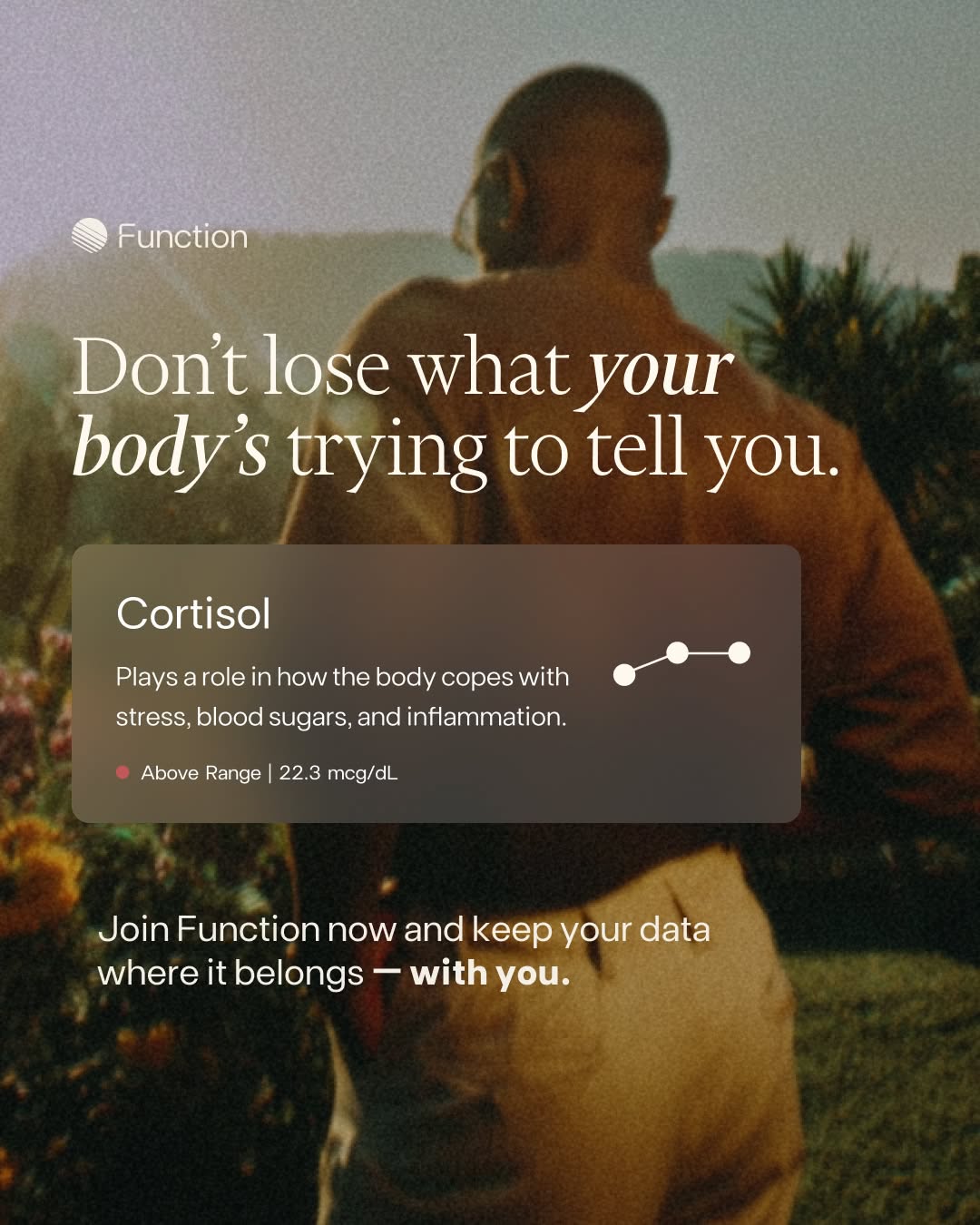 The image has a warm, organic feel, using soft focus and natural lighting to convey a sense of health and introspection. The design balances dark, earthy tones with bright text overlays, creating an intimate and trustworthy atmosphere.