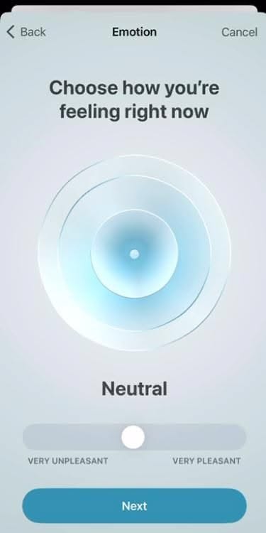 The interface presents a clean, minimalist emotion selection tool using concentric circles to represent a spectrum. The design relies heavily on soft gradients and ample white space to create a calm, intuitive user experience.