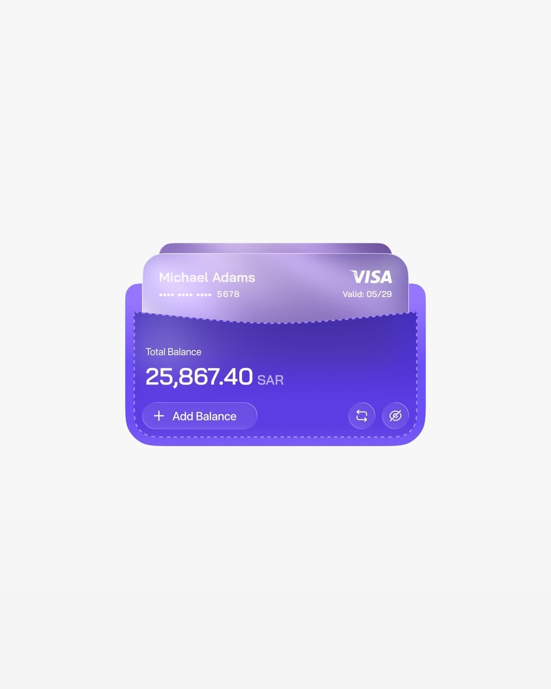 The image presents a clean, modern digital interface design, likely for a payment or account summary. It utilizes a strong purple gradient and clear typography to convey trust and financial information effectively.