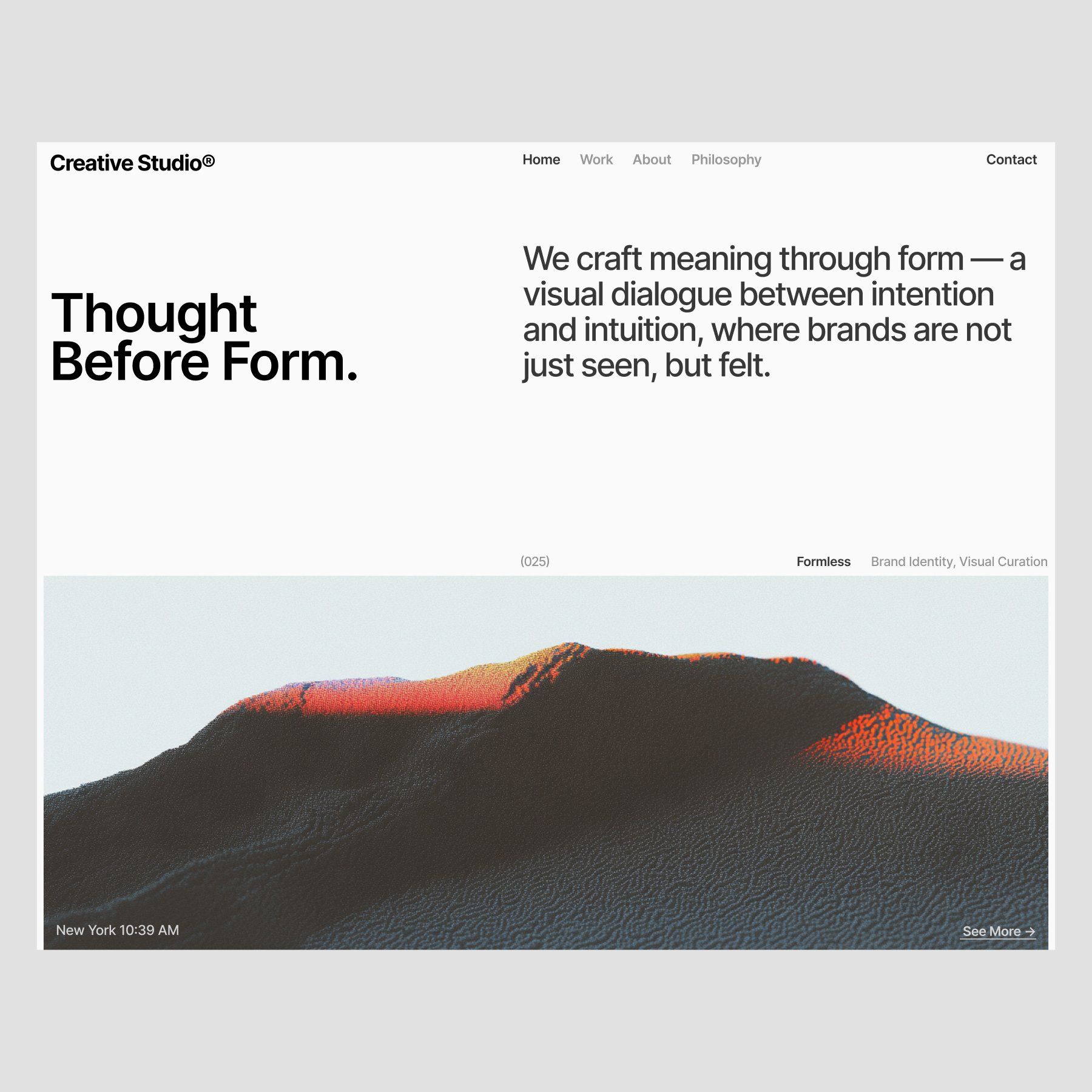 The design is minimalist and sophisticated, using a stark, monochromatic palette punctuated by a warm, organic gradient in the main visual element. The layout is clean and spacious, emphasizing negative space to draw focus to the core text and the textured landscape.