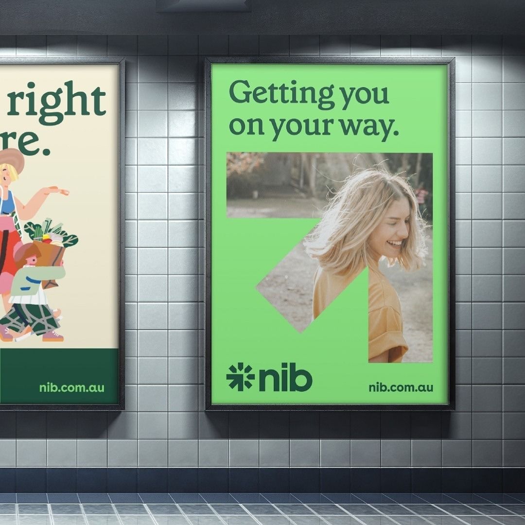 This visual features two framed posters displayed on a modern grey tiled wall, showcasing clean graphic design and clear branding. The juxtaposition of the softer left poster against the vibrant green right poster creates visual interest while maintaining a cohesive, professional aesthetic.