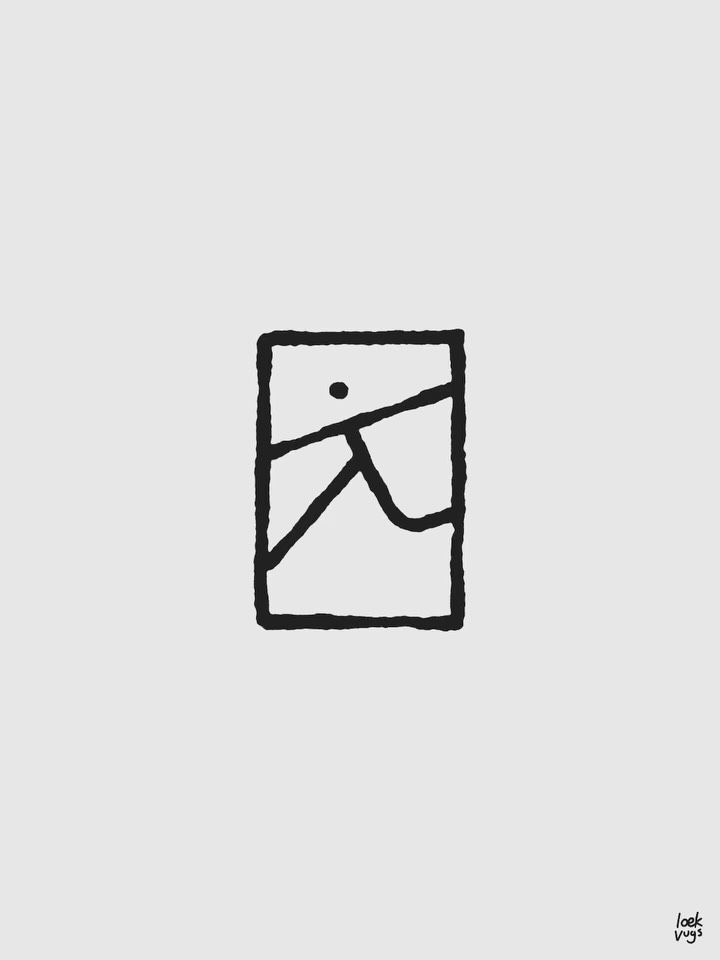 This image features a minimalist, hand-drawn line art sketch contained within a rectangular boundary. The visual language relies on rough, sketchy lines to create an abstract internal composition against a neutral background, emphasizing texture and simplicity.