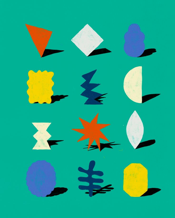 This image showcases a collection of vibrant, flat geometric shapes set against a calming teal background. The design utilizes strong color blocking and simple forms to create a modern, graphic aesthetic that is both playful and highly structured. The visual language relies heavily on clean lines and deliberate color contrast.