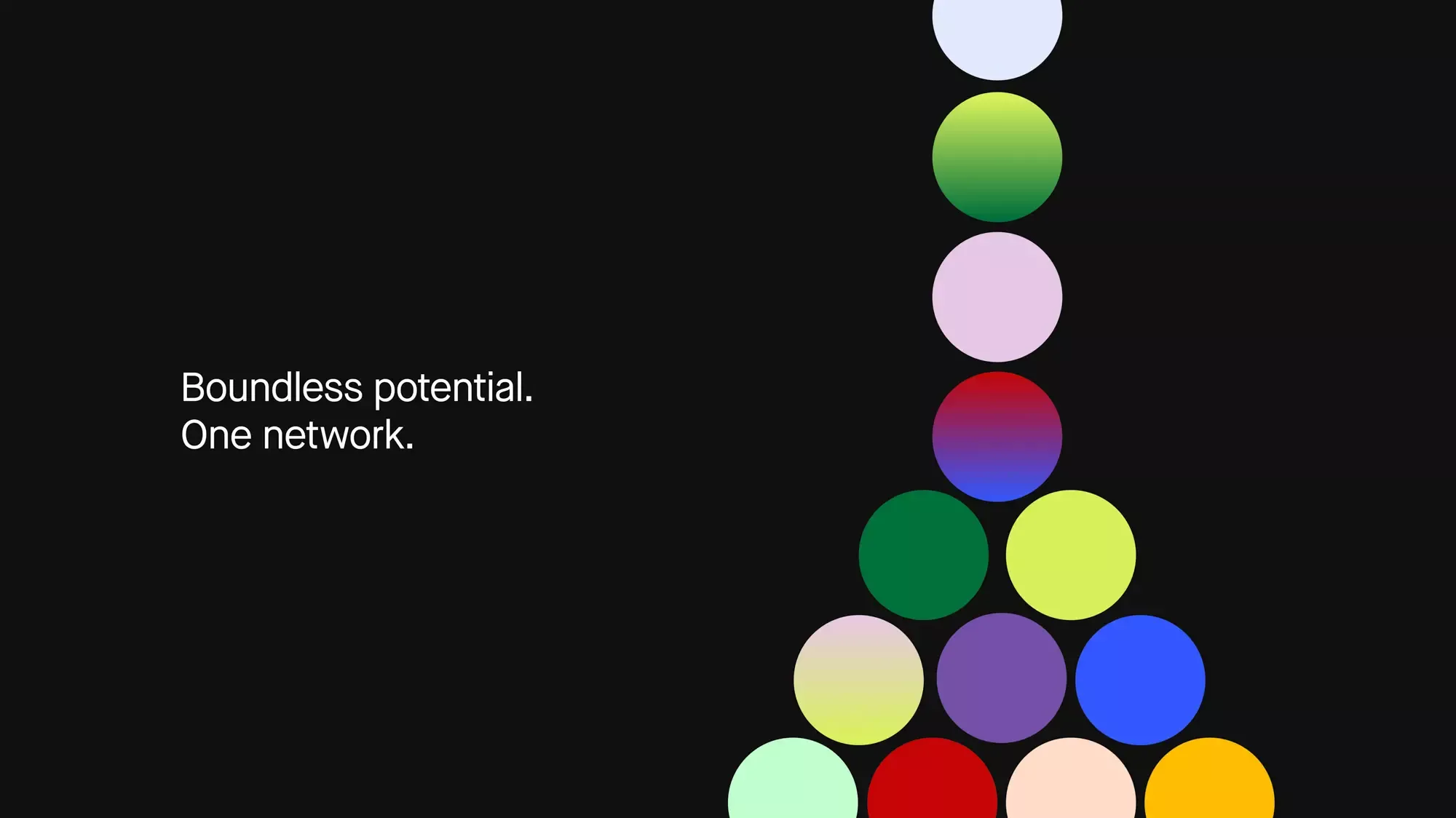 The image features a minimalist, vertical composition using a gradient or progression of colored circles against a stark black background. The design conveys a sense of connectivity, potential, and organized diversity through the repetition of circular elements.