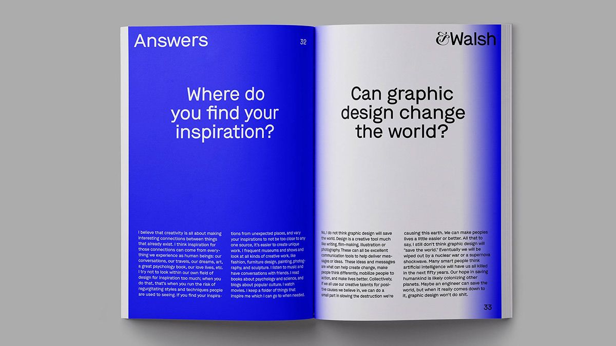 This spread features a clean, high-contrast editorial design using bold blocks of color and ample white space to present information clearly. The visual language is modern and professional, balancing deep blues with crisp whites to create a sophisticated and readable layout.