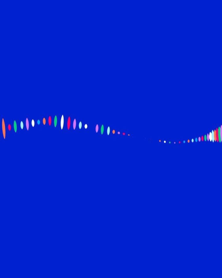 A minimalist abstract composition featuring a dynamic wave or arc of colorful gradient dots against a deep cobalt blue background. The design employs a modern data visualization aesthetic with smooth color transitions, creating a sense of motion and flow across the canvas.