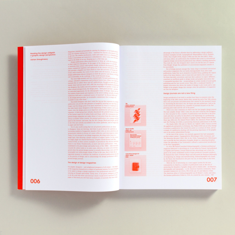 This image displays two pages from a design portfolio or book, characterized by clean, minimalist layouts dominated by white space and subtle use of color accents. The design emphasizes typography and structured presentation, suggesting a professional and refined aesthetic.