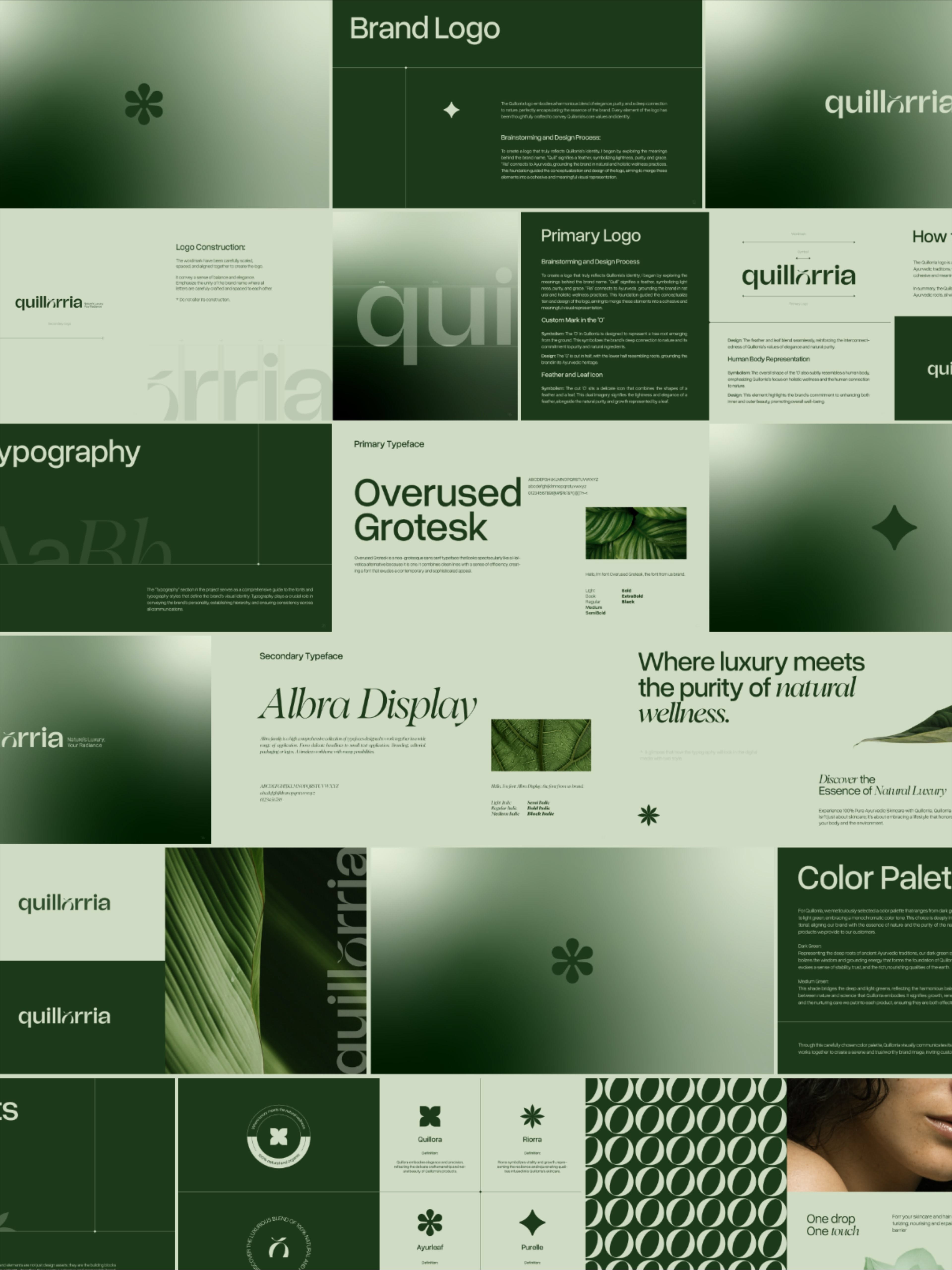 The design exhibits a sophisticated, minimalist aesthetic characterized by deep, muted greens and clean white space. It employs strong negative space and precise alignment to convey a sense of luxury, nature, and high-end branding.