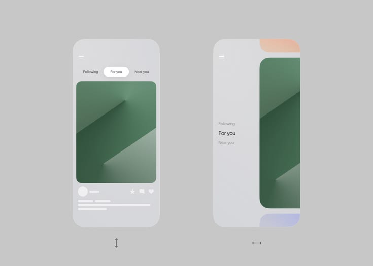 The image displays two mobile app screens characterized by a clean, minimalist aesthetic with soft gradients and ample white space. The design emphasizes large, immersive content areas using muted greens and subtle color accents to create a modern and sophisticated user experience.