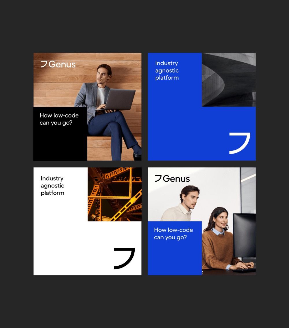 The image presents a clean, modern, and professional layout using a limited color palette dominated by deep blues and neutral tones. It employs strong geometric shapes and clear typography to convey a sense of technical expertise and platform offering.